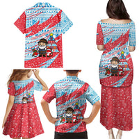 Luxembourg Christmas Family Matching Puletasi and Hawaiian Shirt with Santa Claus Fox Reindeer Tree and Red Blue Pattern Design - Wonder Print Shop