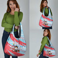 Luxembourg Christmas Grocery Bag with Santa Claus Fox Reindeer Tree and Red Blue Pattern Design - Wonder Print Shop