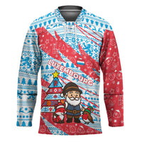 Luxembourg Christmas Hockey Jersey with Santa Claus Fox Reindeer Tree and Red Blue Pattern Design - Wonder Print Shop