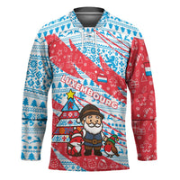 Luxembourg Christmas Hockey Jersey with Santa Claus Fox Reindeer Tree and Red Blue Pattern Design - Wonder Print Shop