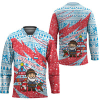 Luxembourg Christmas Hockey Jersey with Santa Claus Fox Reindeer Tree and Red Blue Pattern Design - Wonder Print Shop