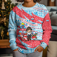 Luxembourg Christmas Kid Ugly Christmas Sweater with Santa Claus Fox Reindeer Tree and Red Blue Pattern Design - Wonder Print Shop