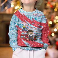 Luxembourg Christmas Kid Ugly Christmas Sweater with Santa Claus Fox Reindeer Tree and Red Blue Pattern Design - Wonder Print Shop