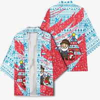 Luxembourg Christmas Kimono with Santa Claus Fox Reindeer Tree and Red Blue Pattern Design - Wonder Print Shop