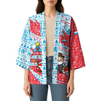 Luxembourg Christmas Kimono with Santa Claus Fox Reindeer Tree and Red Blue Pattern Design - Wonder Print Shop
