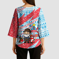 Luxembourg Christmas Kimono Sleeve Blouse with Santa Claus Fox Reindeer Tree and Red Blue Pattern Design - Wonder Print Shop