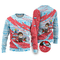 Luxembourg Christmas Ugly Christmas Sweater with Santa Claus Fox Reindeer Tree and Red Blue Pattern Design - Wonder Print Shop