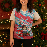 Luxembourg Christmas Knitted V-Neck Vest with Santa Claus Fox Reindeer Tree and Red Blue Pattern Design - Wonder Print Shop