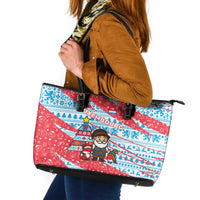 Luxembourg Christmas Leather Tote Bag with Santa Claus Fox Reindeer Tree and Red Blue Pattern Design - Wonder Print Shop