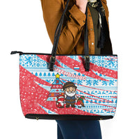 Luxembourg Christmas Leather Tote Bag with Santa Claus Fox Reindeer Tree and Red Blue Pattern Design - Wonder Print Shop