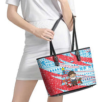 Luxembourg Christmas Leather Tote Bag with Santa Claus Fox Reindeer Tree and Red Blue Pattern Design - Wonder Print Shop