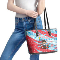 Luxembourg Christmas Leather Tote Bag with Santa Claus Fox Reindeer Tree and Red Blue Pattern Design - Wonder Print Shop