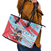 Luxembourg Christmas Leather Tote Bag with Santa Claus Fox Reindeer Tree and Red Blue Pattern Design - Wonder Print Shop