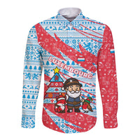 Luxembourg Christmas Long Sleeve Button Shirt with Santa Claus Fox Reindeer Tree and Red Blue Pattern Design - Wonder Print Shop