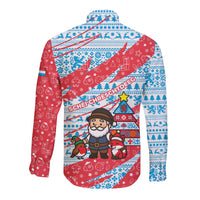 Luxembourg Christmas Long Sleeve Button Shirt with Santa Claus Fox Reindeer Tree and Red Blue Pattern Design - Wonder Print Shop