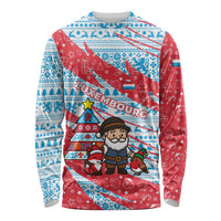 Luxembourg Christmas Long Sleeve Shirt with Santa Claus Fox Reindeer Tree and Red Blue Pattern Design - Wonder Print Shop