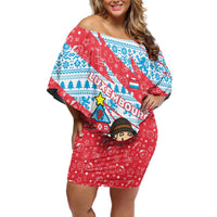 Luxembourg Christmas Off Shoulder Short Dress with Santa Claus Fox Reindeer Tree and Red Blue Pattern Design - Wonder Print Shop