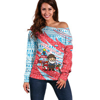 Luxembourg Christmas Off Shoulder Sweater with Santa Claus Fox Reindeer Tree and Red Blue Pattern Design - Wonder Print Shop