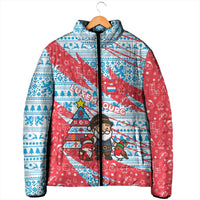 Luxembourg Christmas Padded Jacket with Santa Claus Fox Reindeer Tree and Red Blue Pattern Design - Wonder Print Shop