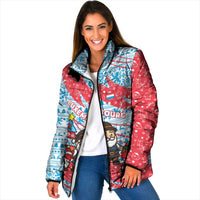 Luxembourg Christmas Padded Jacket with Santa Claus Fox Reindeer Tree and Red Blue Pattern Design - Wonder Print Shop