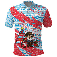 Luxembourg Christmas Polo Shirt with Santa Claus Fox Reindeer Tree and Red Blue Pattern Design - Wonder Print Shop