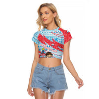 Luxembourg Christmas Raglan Cropped T Shirt with Santa Claus Fox Reindeer Tree and Red Blue Pattern Design - Wonder Print Shop