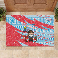 Luxembourg Christmas Rubber Doormat with Santa Claus Fox Reindeer Tree and Red Blue Pattern Design - Wonder Print Shop