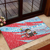 Luxembourg Christmas Rubber Doormat with Santa Claus Fox Reindeer Tree and Red Blue Pattern Design - Wonder Print Shop