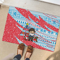 Luxembourg Christmas Rubber Doormat with Santa Claus Fox Reindeer Tree and Red Blue Pattern Design - Wonder Print Shop