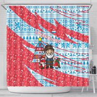 Luxembourg Christmas Shower Curtain with Santa Claus Fox Reindeer Tree and Red Blue Pattern Design - Wonder Print Shop