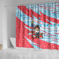 Luxembourg Christmas Shower Curtain with Santa Claus Fox Reindeer Tree and Red Blue Pattern Design - Wonder Print Shop