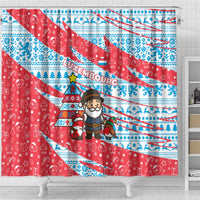 Luxembourg Christmas Shower Curtain with Santa Claus Fox Reindeer Tree and Red Blue Pattern Design - Wonder Print Shop