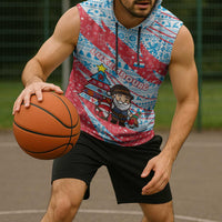 Luxembourg Christmas Sleeveless Hoodie with Santa Claus Fox Reindeer Tree and Red Blue Pattern Design - Wonder Print Shop