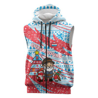 Luxembourg Christmas Sleeveless Zip Hoodie with Santa Claus Fox Reindeer Tree and Red Blue Pattern Design - Wonder Print Shop