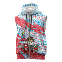 Luxembourg Christmas Sleeveless Zip Hoodie with Santa Claus Fox Reindeer Tree and Red Blue Pattern Design - Wonder Print Shop