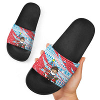 Luxembourg Christmas Slide Sandals with Santa Claus Fox Reindeer Tree and Red Blue Pattern Design - Wonder Print Shop