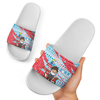 Luxembourg Christmas Slide Sandals with Santa Claus Fox Reindeer Tree and Red Blue Pattern Design - Wonder Print Shop