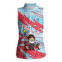 Luxembourg Christmas Women Sleeveless Polo Shirt with Santa Claus Fox Reindeer Tree and Red Blue Pattern Design - Wonder Print Shop