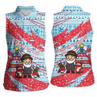 Luxembourg Christmas Women Sleeveless Polo Shirt with Santa Claus Fox Reindeer Tree and Red Blue Pattern Design - Wonder Print Shop