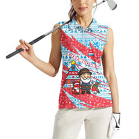 Luxembourg Christmas Women Sleeveless Polo Shirt with Santa Claus Fox Reindeer Tree and Red Blue Pattern Design - Wonder Print Shop