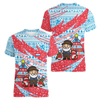 Luxembourg Christmas Women V-Neck T-Shirt with Santa Claus Fox Reindeer Tree and Red Blue Pattern Design - Wonder Print Shop