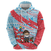 Luxembourg Christmas Zip Hoodie with Santa Claus Fox Reindeer Tree and Red Blue Pattern Design - Wonder Print Shop