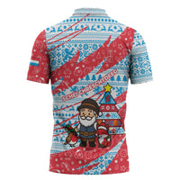 Luxembourg Christmas Zipper Polo Shirt with Santa Claus Fox Reindeer Tree and Red Blue Pattern Design - Wonder Print Shop