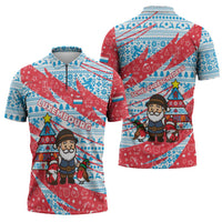 Luxembourg Christmas Zipper Polo Shirt with Santa Claus Fox Reindeer Tree and Red Blue Pattern Design - Wonder Print Shop