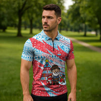 Luxembourg Christmas Zipper Polo Shirt with Santa Claus Fox Reindeer Tree and Red Blue Pattern Design - Wonder Print Shop
