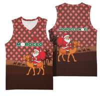 Morocco Christmas Basketball Jersey with Santa Claus Camel Caravan Desert Scene and Red Pattern Design - Wonder Print Shop