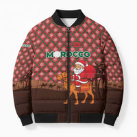 Morocco Christmas Bomber Puffer Jacket with Santa Claus Camel Caravan Desert Scene and Red Pattern Design - Wonder Print Shop