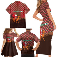 Morocco Christmas Family Matching Short Sleeve Bodycon Dress and Hawaiian Shirt with Santa Claus Camel Caravan Desert Scene and Red Pattern Design - Wonder Print Shop