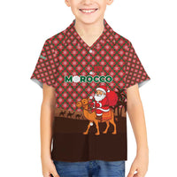 Morocco Christmas Family Matching Short Sleeve Bodycon Dress and Hawaiian Shirt with Santa Claus Camel Caravan Desert Scene and Red Pattern Design - Wonder Print Shop