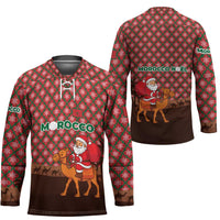 Morocco Christmas Hockey Jersey with Santa Claus Camel Caravan Desert Scene and Red Pattern Design - Wonder Print Shop